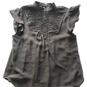 Black Chiffon Top with Lace Bib Detail